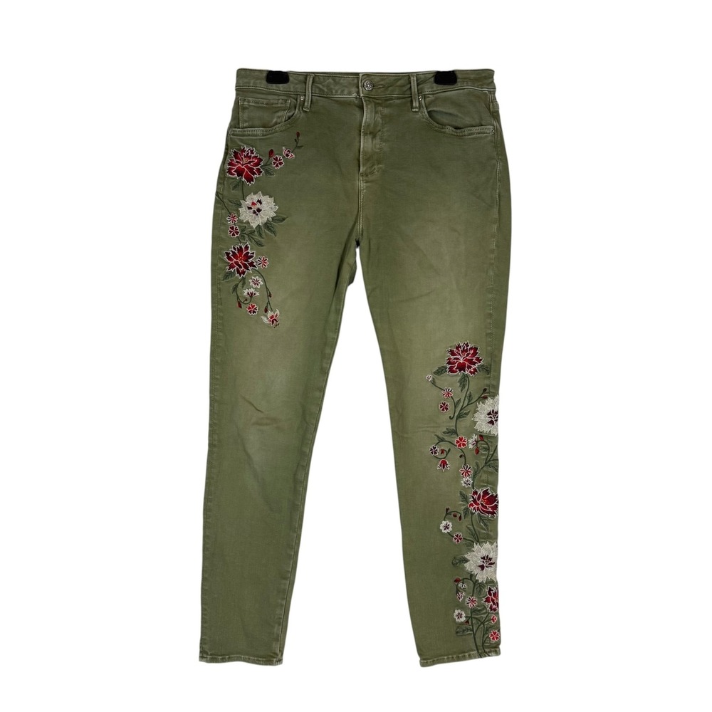 Driftwood Jackie Skinny Jeans Womens 32 Green Medium Wash Mid Rise Embroidered